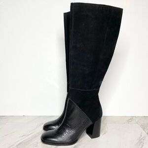 Dolce Vita Fynn Black Suede Crocodile Embossed Leather Heeled Tall Boot 7 1/2